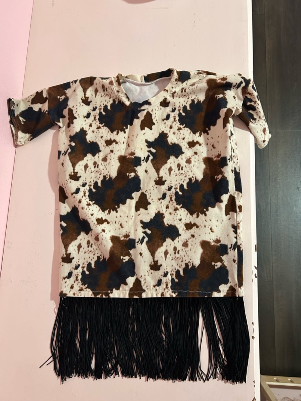 Kids Cow Print Fringe Dress - White, Brown & Black